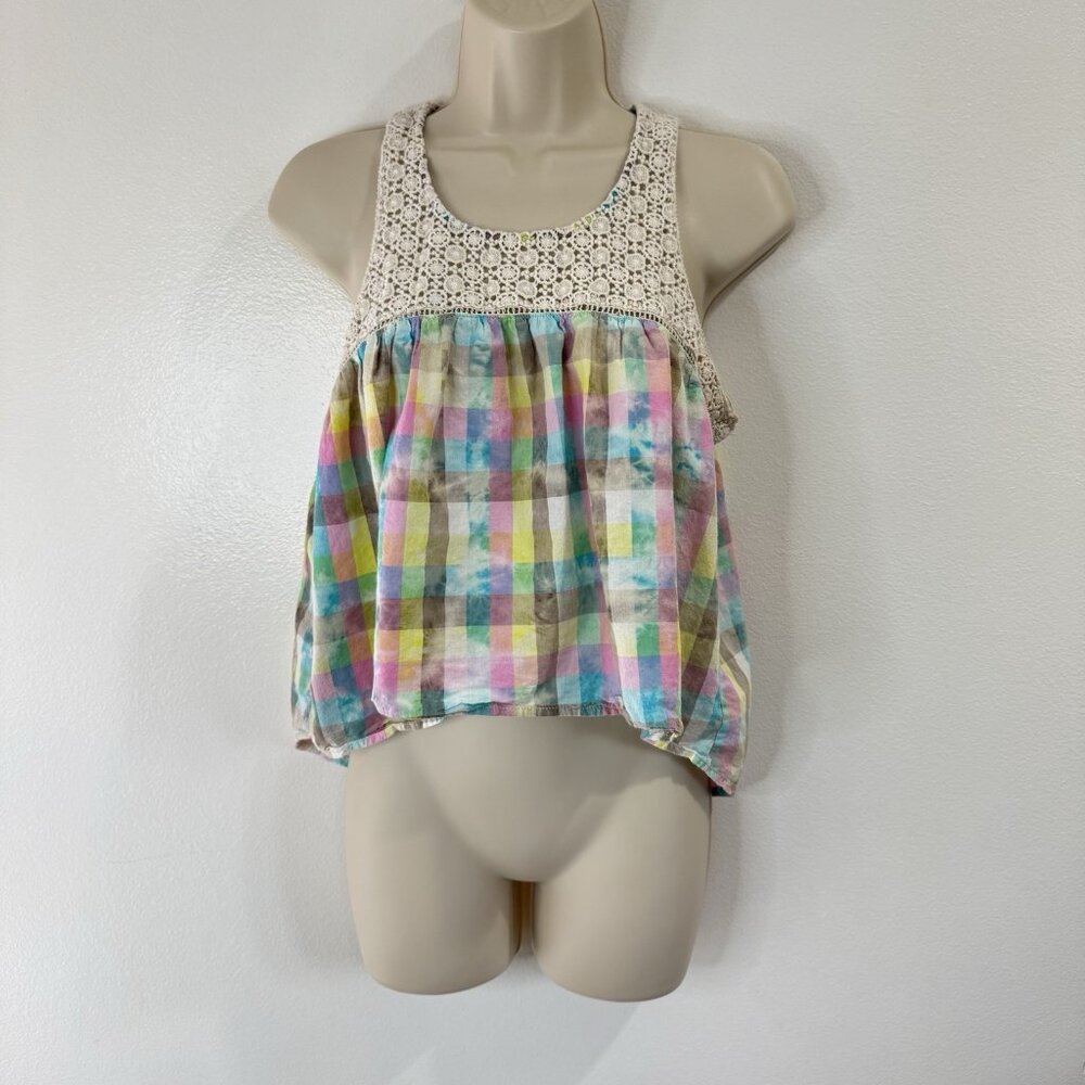 Abercrombie & Fitch Tank Top S Crop High Low Pastel Check Crochet Knit Boho